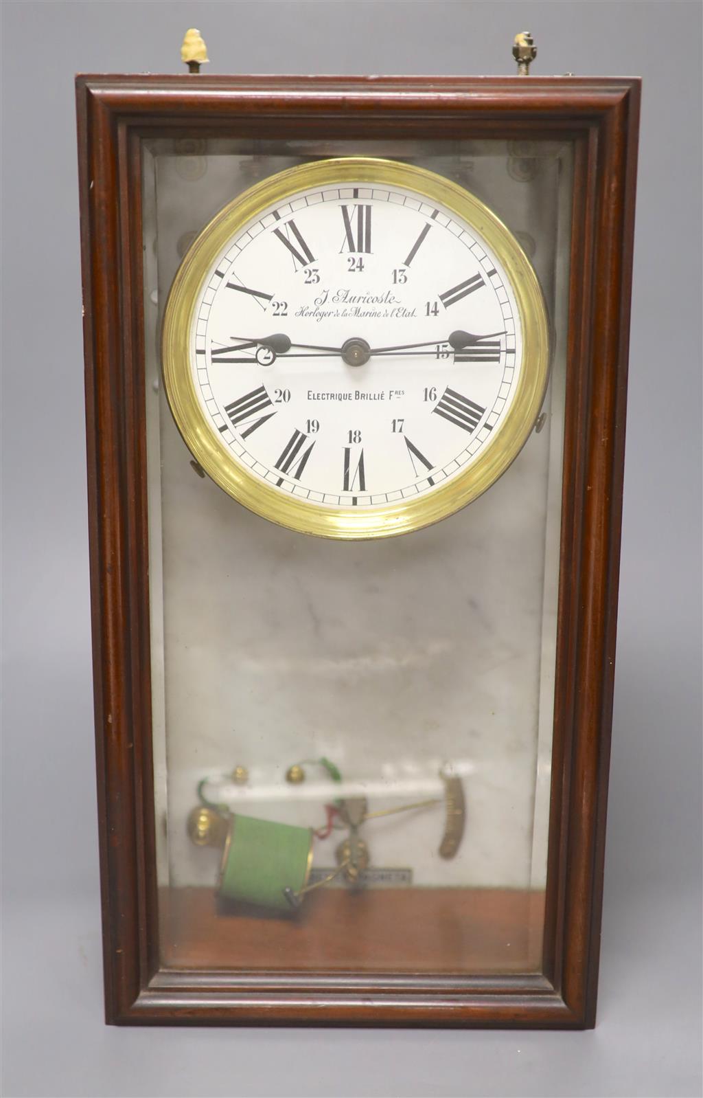 A Brillie mahogany, marble and brass electric wall clock, length 45cm